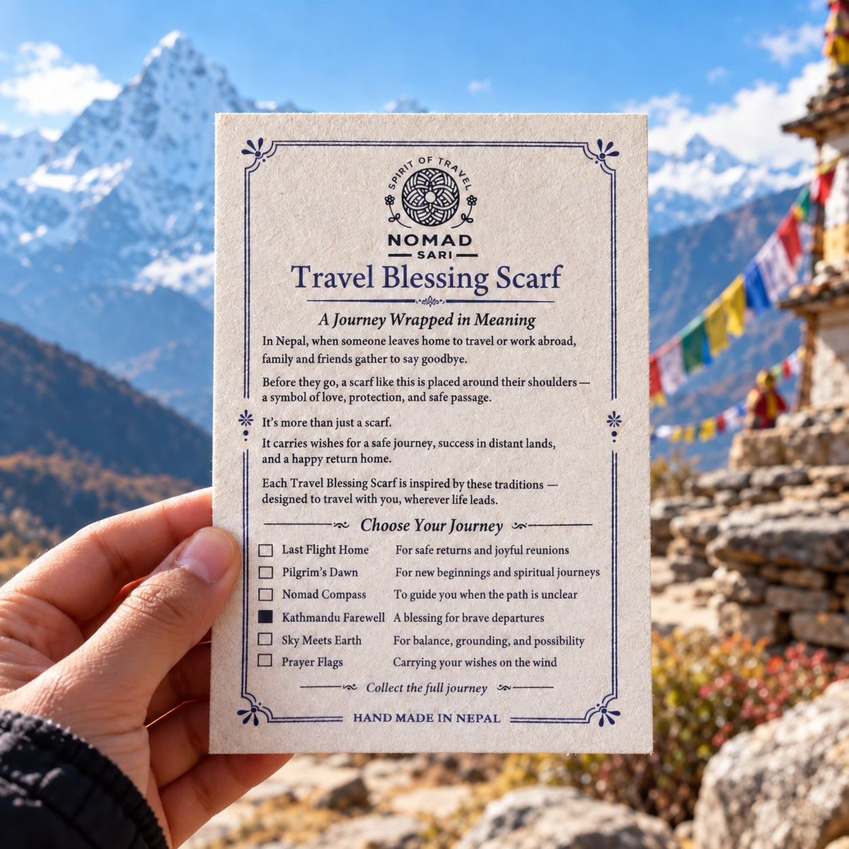 Nomad Sari - Sciarpa portafortuna da viaggio - 170x50 cm - Saluto da Kathmandu