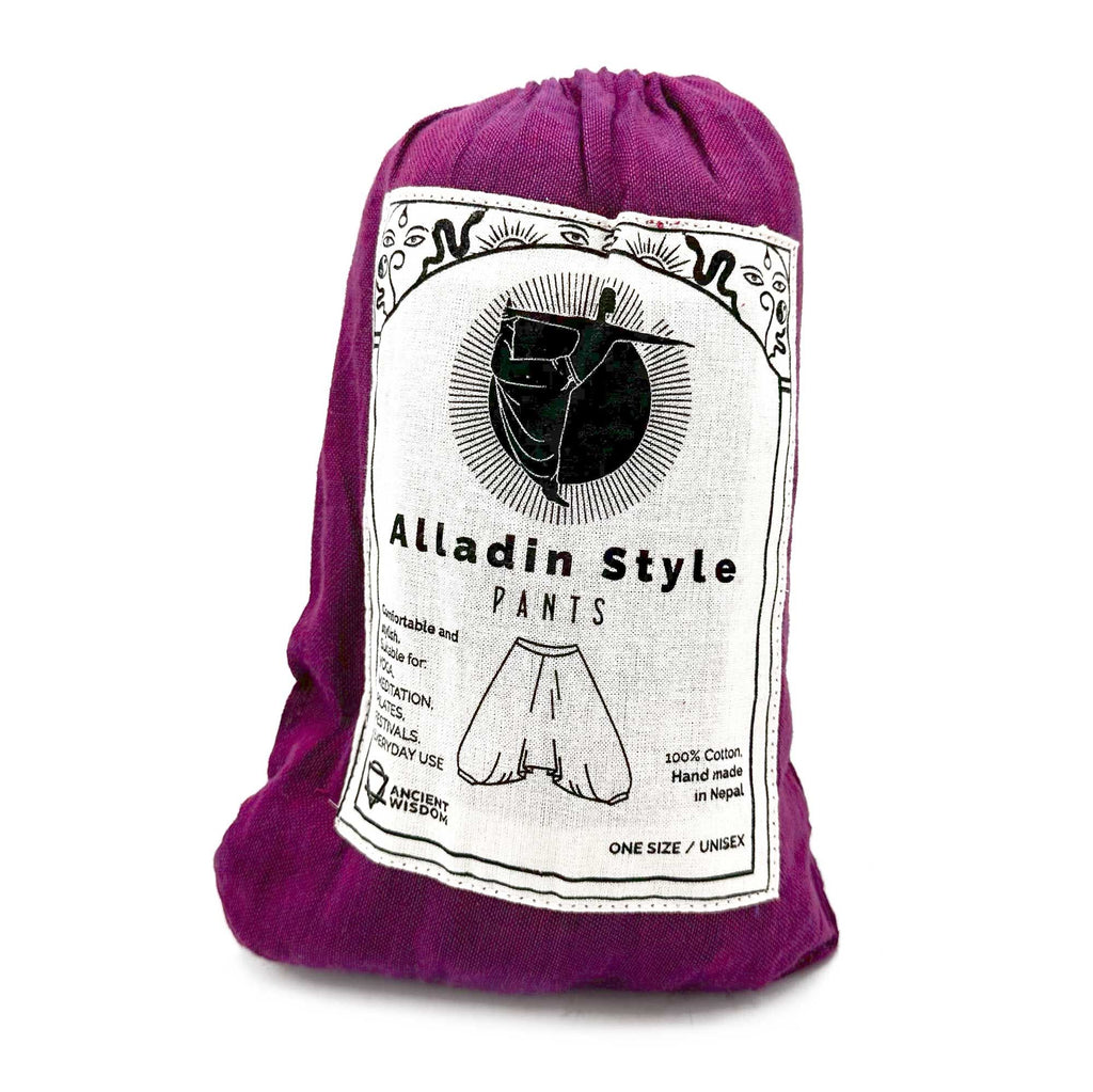 Pantaloni da yoga e da festival - modello Aladdin con stampa himalayana su base viola