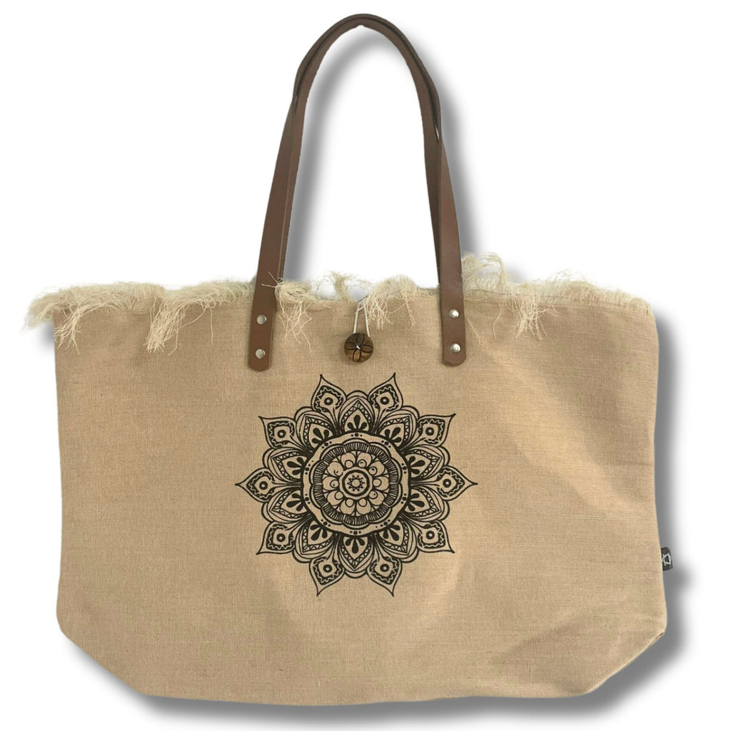 Borsa in tessuto naturale con manico in pelle - Fiore della Vita