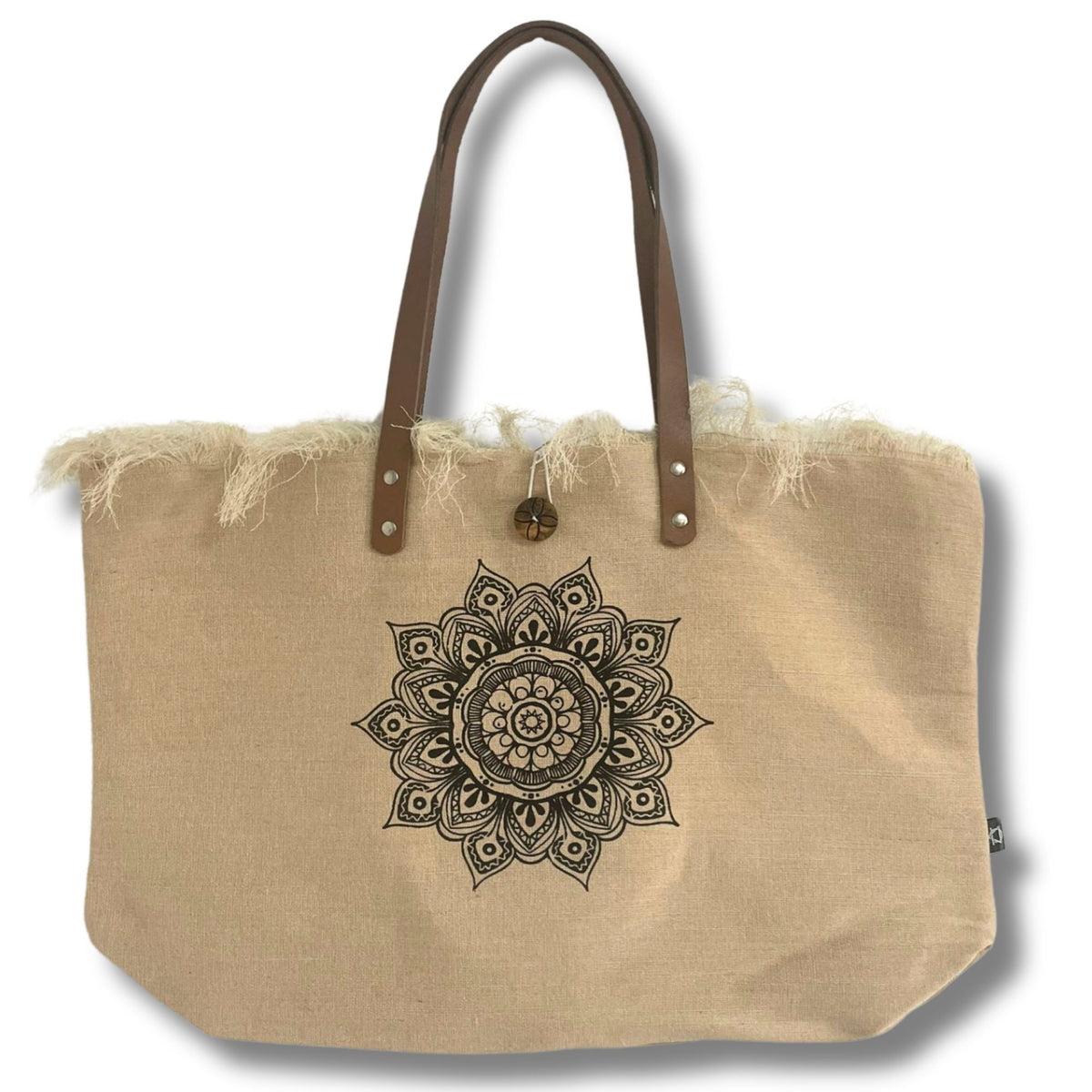 Borsa in tessuto naturale con manico in pelle - Fiore della Vita
