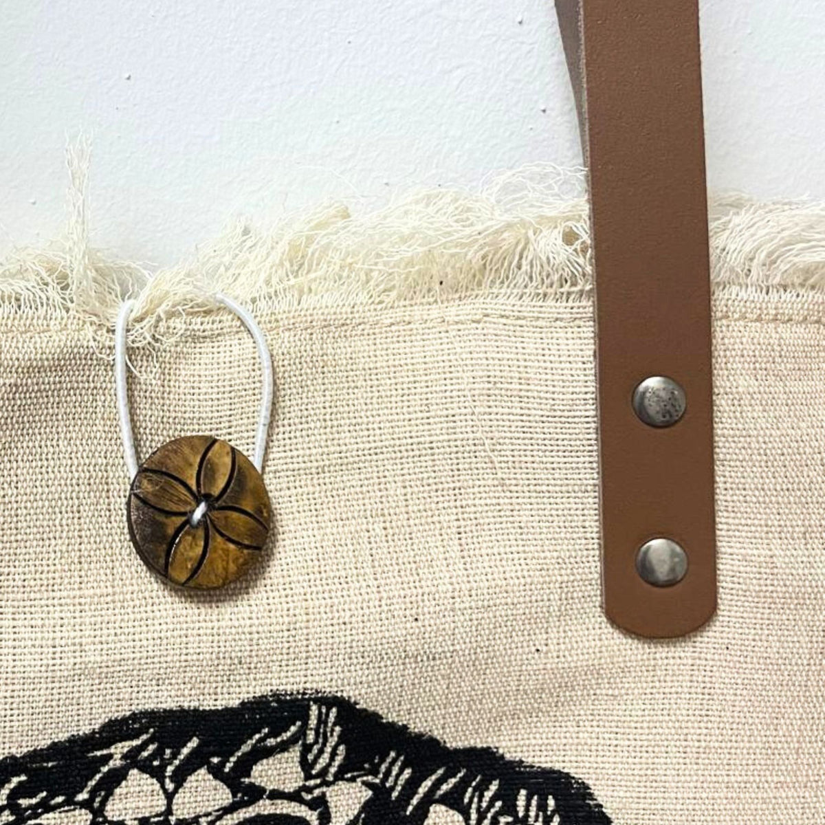 Borsa in tessuto naturale con manico in pelle - Fiore della Vita